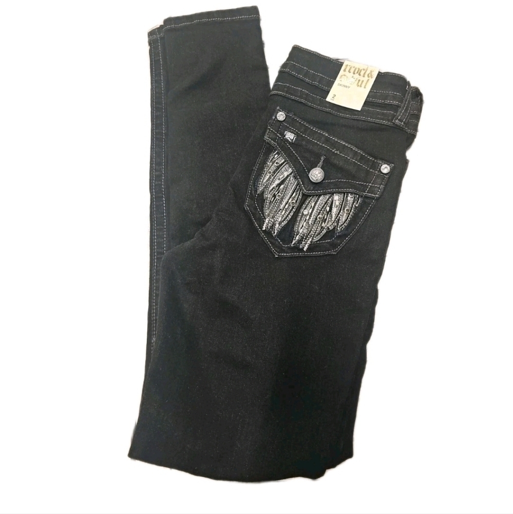 Rebel & Soul Skinny Feathered Black Denim Jeans Bedazzled Wings Pockets Size 2